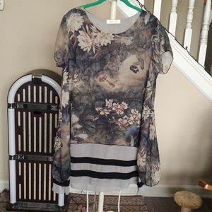 SIMPLY COUTURE Short Sleeve Beige/Deep Greens Flowered and Lined Dress in Sz XL